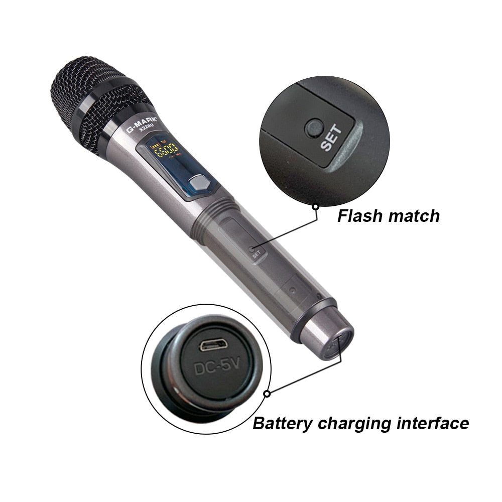 UHF Wireless Microphone - Karaoke Mic for Stage & Party. 2-Channel Handheld Mic