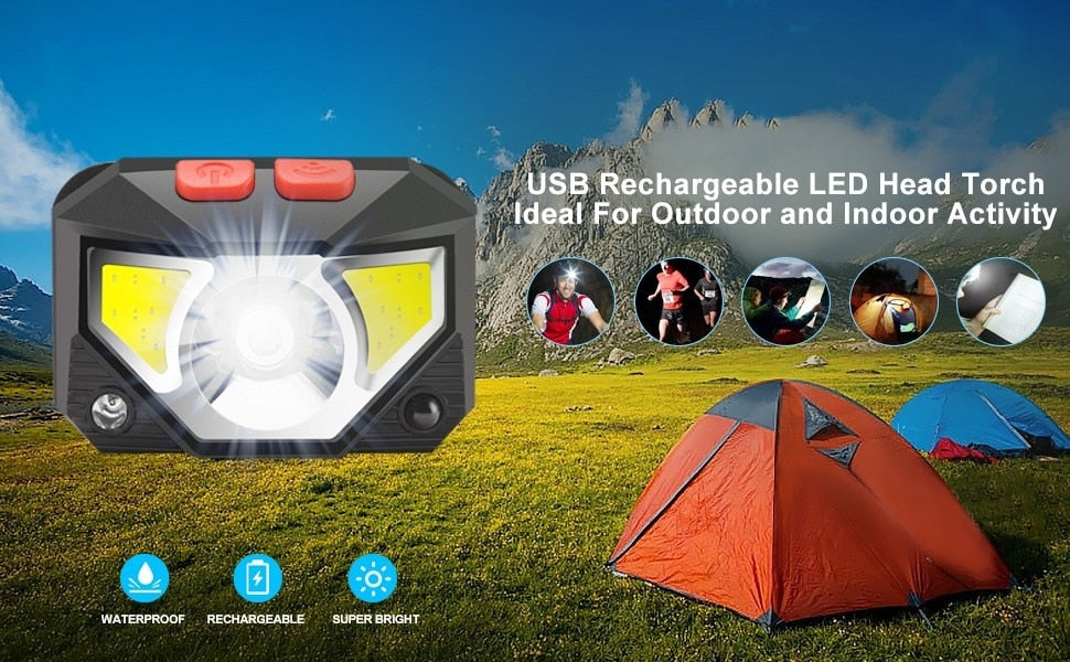 Powerful LED Headlight - Motion Sensor Headlamp for Camping & Fishing. 8 Modes, COB Flashlight Torch.