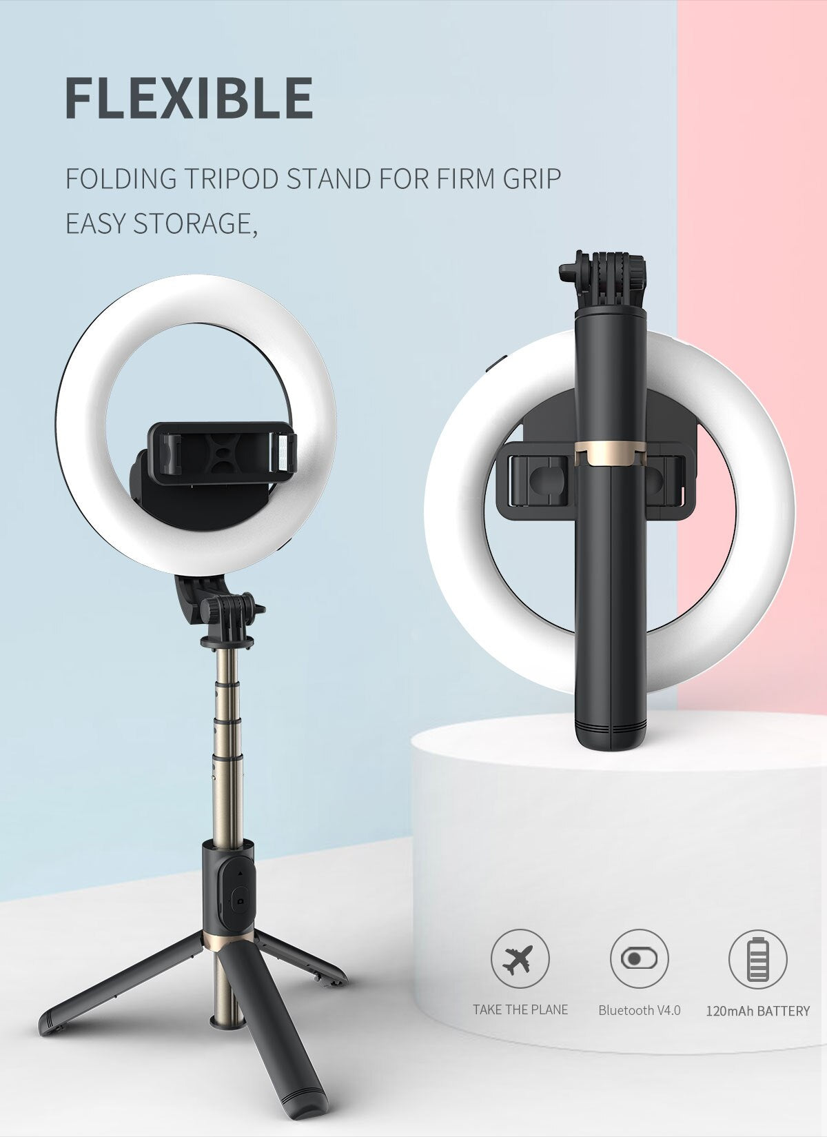 Wireless Bluetooth Selfie Stick - Foldable Tripod with LED Ring Light