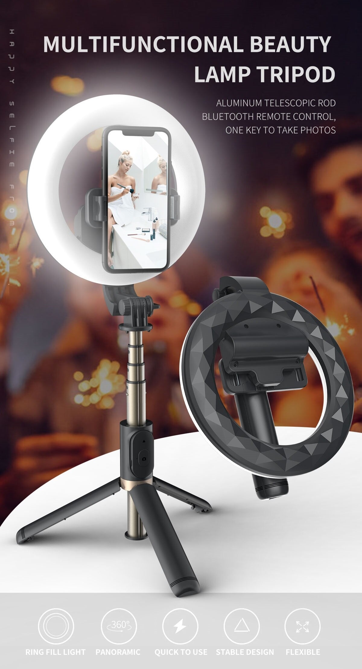 Wireless Bluetooth Selfie Stick - Foldable Tripod with LED Ring Light