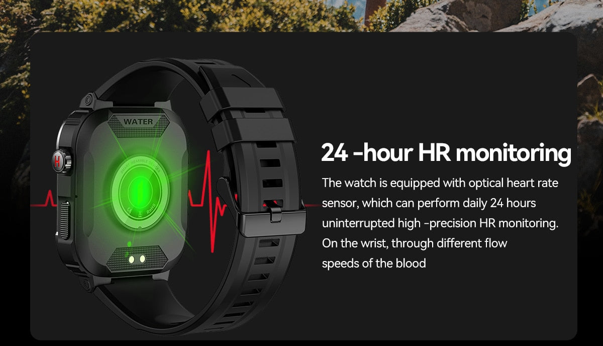 Rugged Military Smart Watch - AI Voice, Waterproof, Fitness Tracker