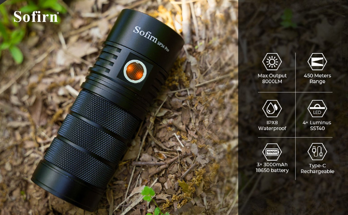 Pro LED Flashlight - 8000lm, USB C Rechargeable, 4-SST40 Torch