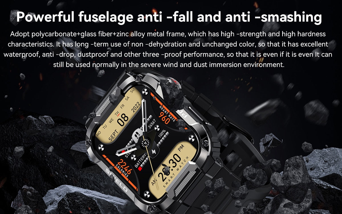 Rugged Military Smart Watch - AI Voice, Waterproof, Fitness Tracker