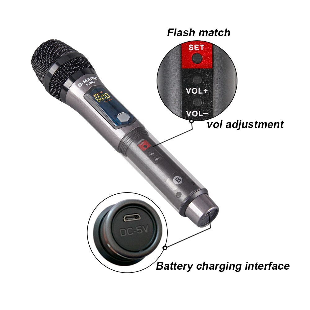 UHF Wireless Microphone - Karaoke Mic for Stage & Party. 2-Channel Handheld Mic