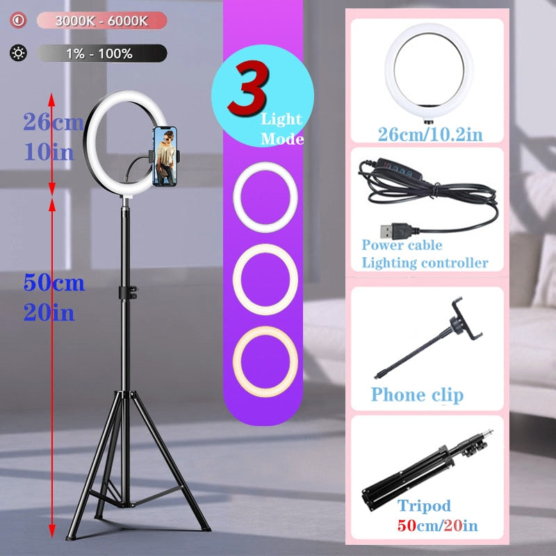 10" LED Selfie Ring Light - Dimmable Round Lamp with Tripod Stand