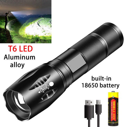 T6 LED Flashlight Super Bright Aluminum Alloy Portable Torch USB Rechargeable Outdoor