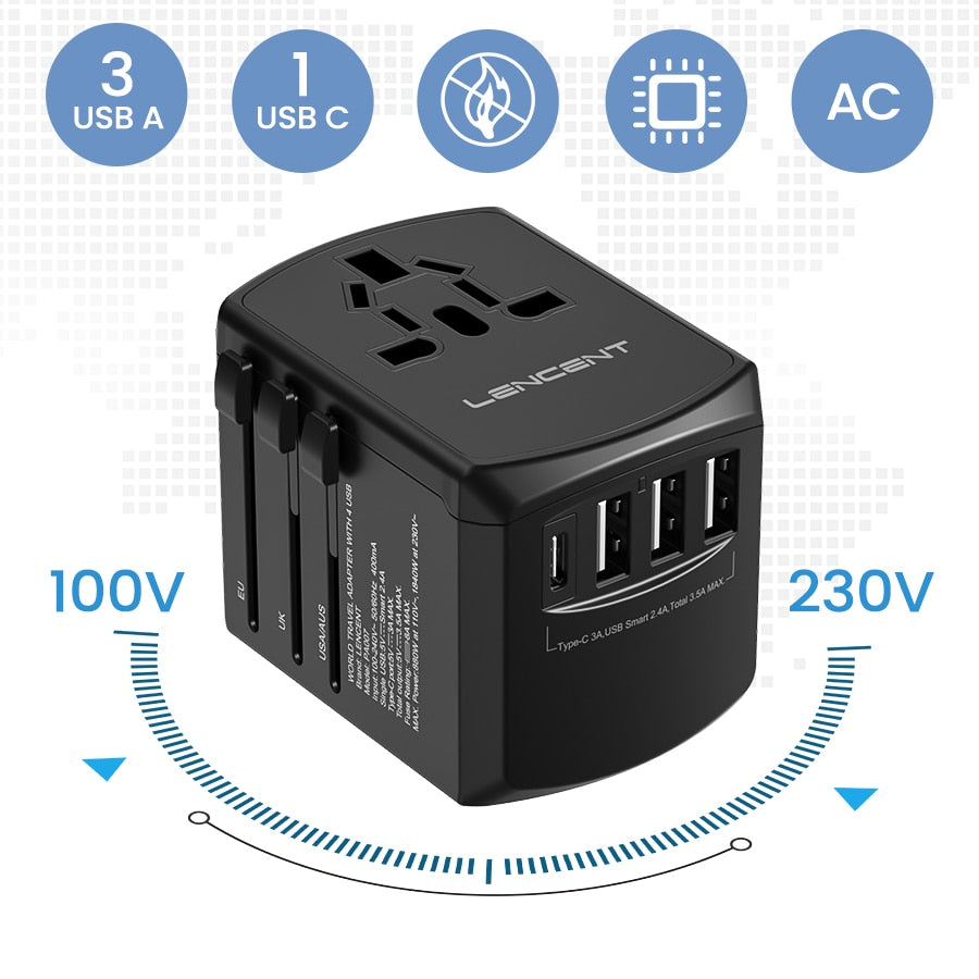 Travel Adapter All-in-one Travel Charger with 3 USB Ports and 1 Type C Wall Charger