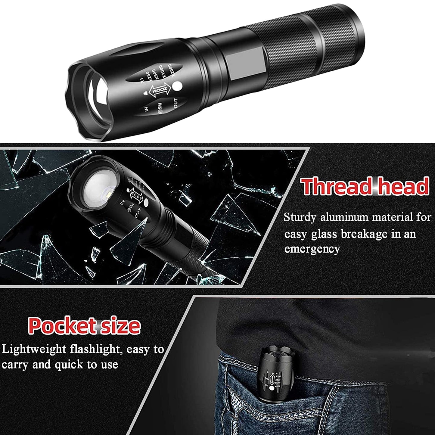 T6 LED Flashlight Super Bright Aluminum Alloy Portable Torch USB Rechargeable Outdoor