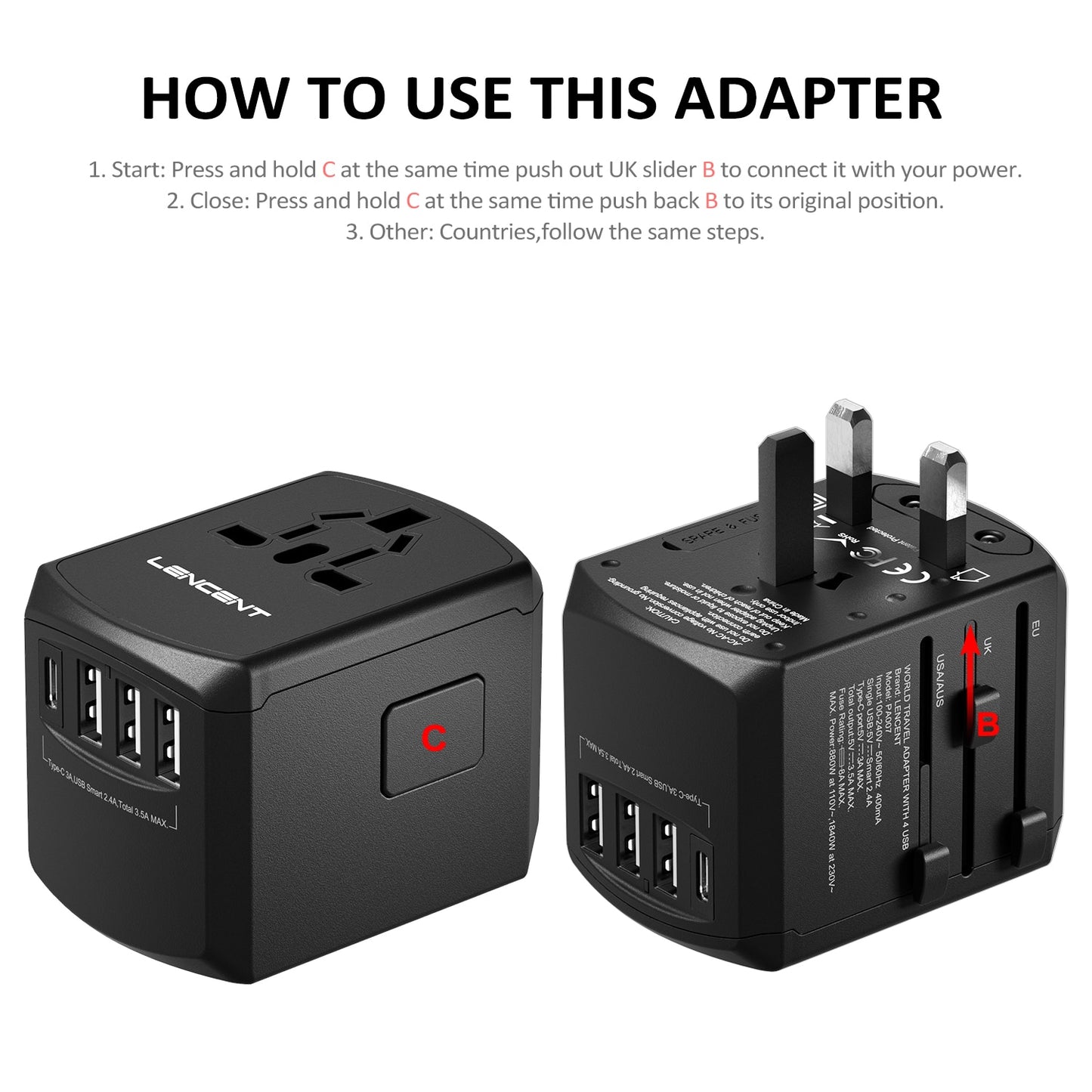 Travel Adapter All-in-one Travel Charger with 3 USB Ports and 1 Type C Wall Charger